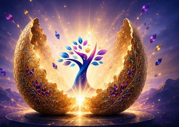 Œuf lumineux qui s'ouvre et révèle l'arbre Élan de Soi